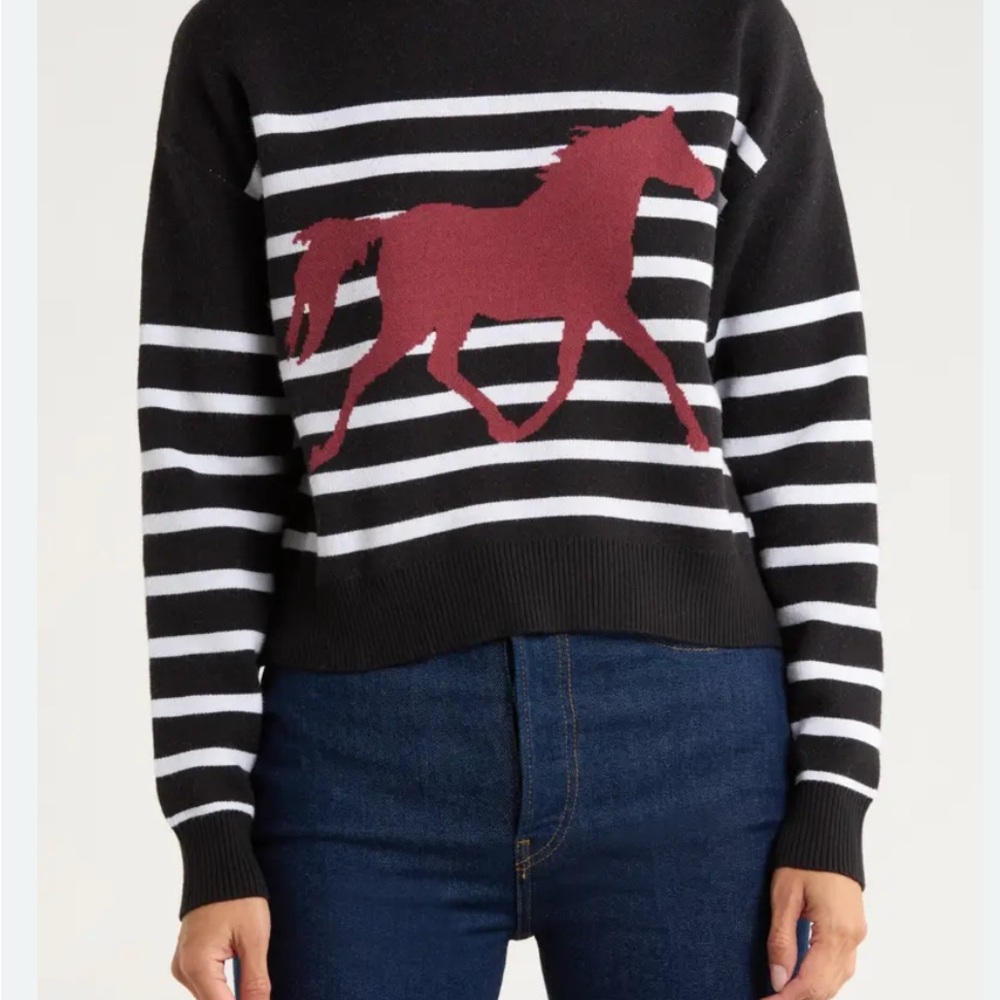 Vigoss Black and White Striped Sweater with Red Horse Motif